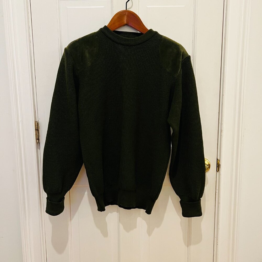 Barbour 100% Wool Suede leather Shoulder & Elbow Patch Gun Sweater Size Medium - Picture 3 of 16